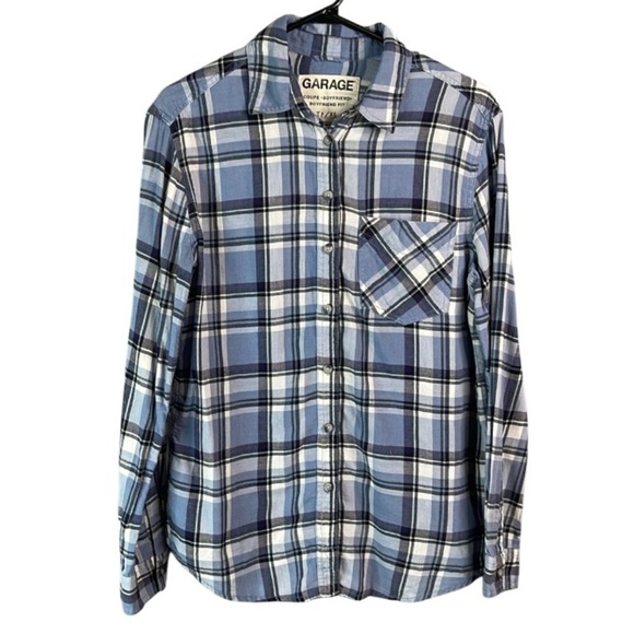 GARAGE Boyfriend Fit Plaid Brushed Cotton Shirt Blues Long Sleeve Button Up XS - Picture 2 of 13